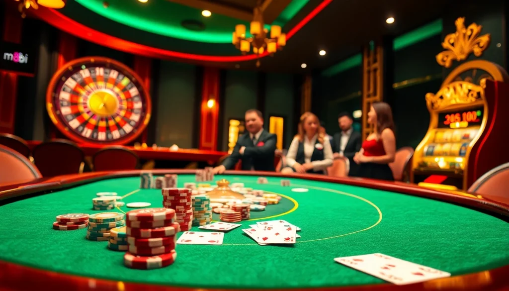 Experience the thrill of the casino with https://mm88.sh/ at an exciting poker table surrounded by colorful chips.