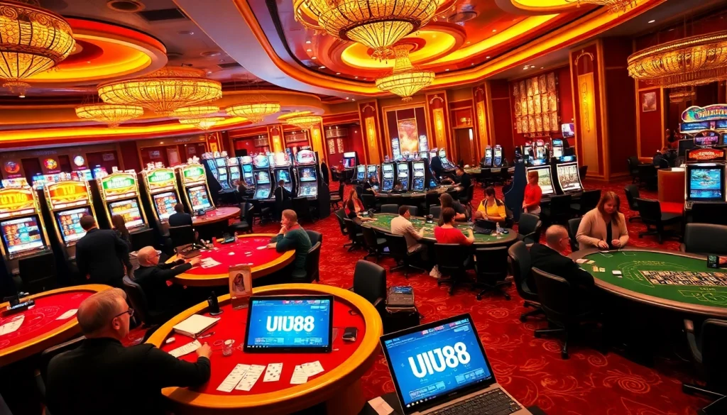 Players enjoying games at UU88, showcasing a vibrant casino atmosphere with tables, chips, and slots.