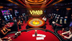 Experience the thrill of gaming at VM88 with vibrant casino tables and glamorous players.