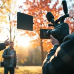 Filming a scene with Edmonton production companies amidst vibrant autumn trees.