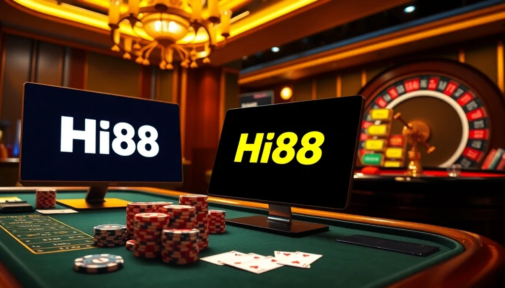 Exciting online casino scene showcasing Hi88 with luxurious poker chips and vibrant slot machines.