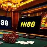 Exciting online casino scene showcasing Hi88 with luxurious poker chips and vibrant slot machines.