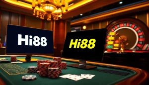 Exciting online casino scene showcasing Hi88 with luxurious poker chips and vibrant slot machines.