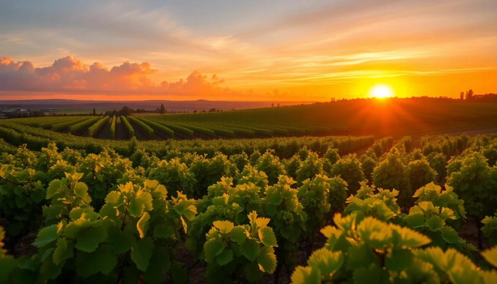 Visit clarksburg wineries featuring scenic vineyards under a vibrant sunset.