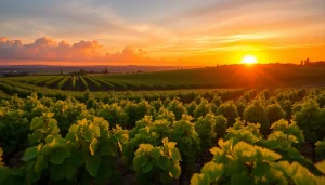 Visit clarksburg wineries featuring scenic vineyards under a vibrant sunset.