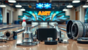 Bowling parts for AMF displayed in a professional bowling alley environment.