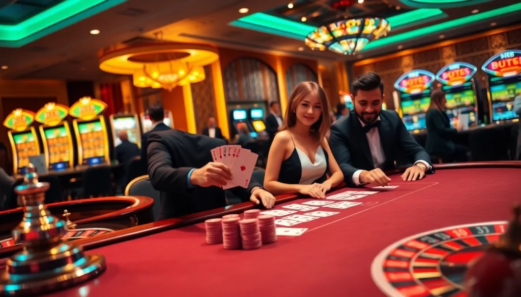 Players enjoying high-stakes games at Hi88 casino, featuring poker, roulette, and vibrant slots.