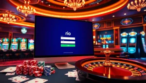 Engage in seamless rio Login experience amidst luxurious casino ambiance with poker chips and roulette.