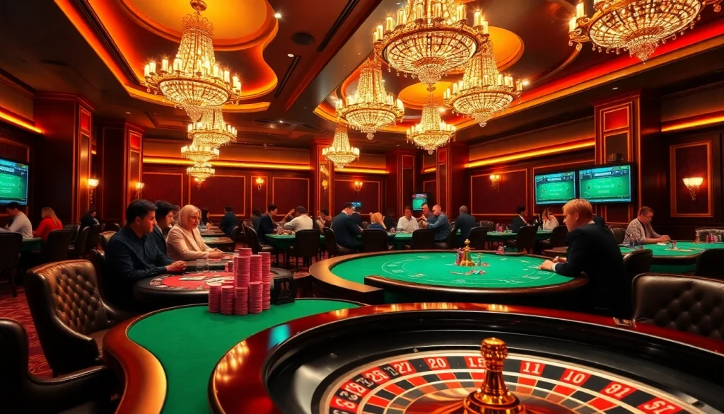Experience intense gameplay with obraltoto at a luxurious online casino, featuring vibrant poker tables and roulette wheels.