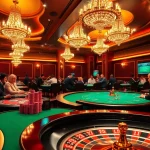 Experience intense gameplay with obraltoto at a luxurious online casino, featuring vibrant poker tables and roulette wheels.