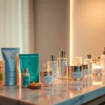 Koreansk hudvård online i Sverige – produkter visuellt elegant visade i en lugn hudvårdsstudio.