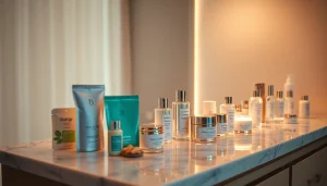 Koreansk hudvård online i Sverige – produkter visuellt elegant visade i en lugn hudvårdsstudio.