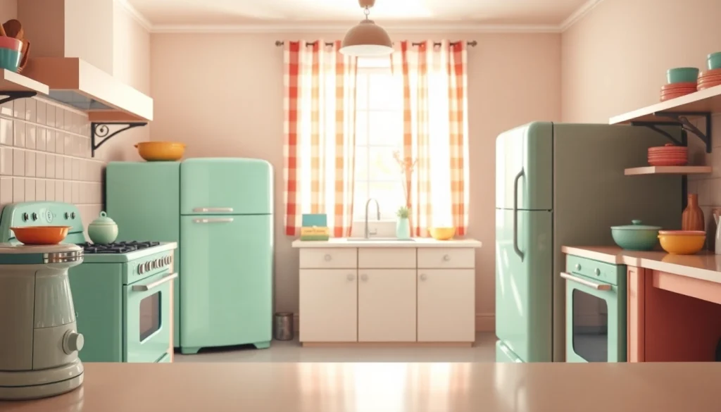 Showcase of colorful retro appliances in a vintage kitchen with inviting charm.