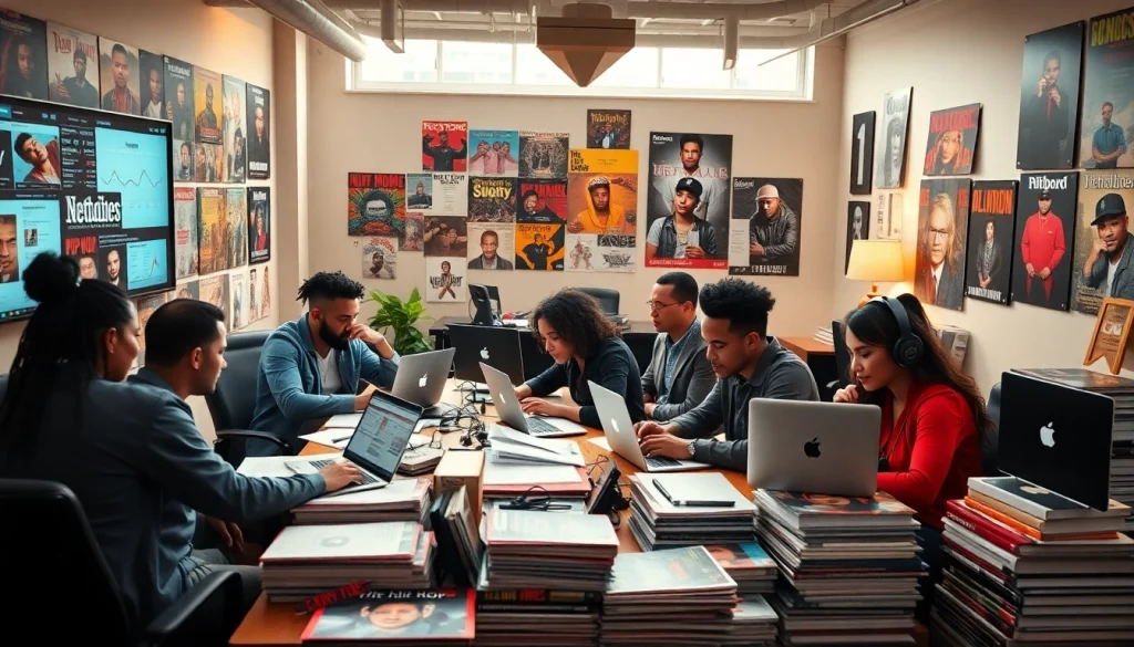 Vibrant scene of a hip hop PR firm showcasing teamwork and music promotion strategies.