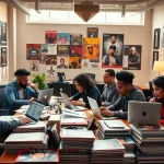 Vibrant scene of a hip hop PR firm showcasing teamwork and music promotion strategies.