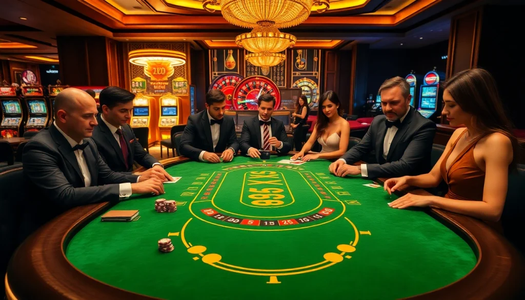 Players at an elegant baccarat table, enjoying a thrilling game at XX88 casino.