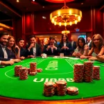Players enjoying a thrilling game at UU88's luxurious poker table under dazzling lights.