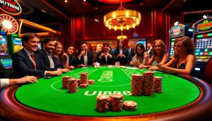 Players enjoying a thrilling game at UU88's luxurious poker table under dazzling lights.