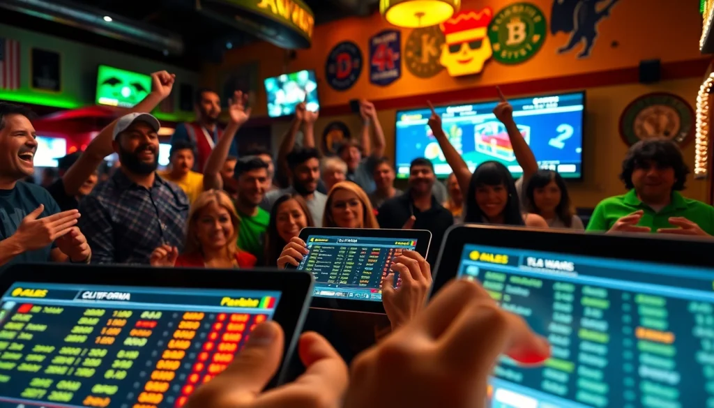 Engaged fans enjoying sports betting California in a lively sports bar with betting screens.