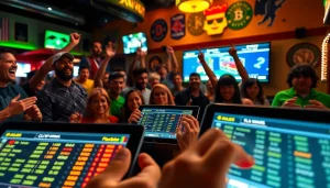 Engaged fans enjoying sports betting California in a lively sports bar with betting screens.
