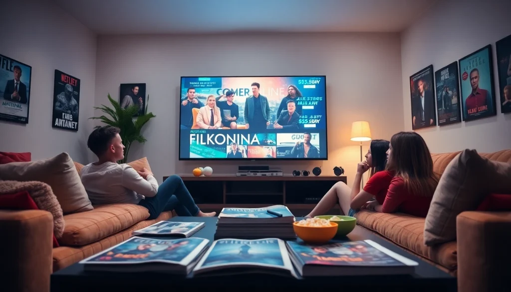 Friends enjoying filme online in a cozy living room with popcorn and movie posters.