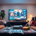Friends enjoying filme online in a cozy living room with popcorn and movie posters.