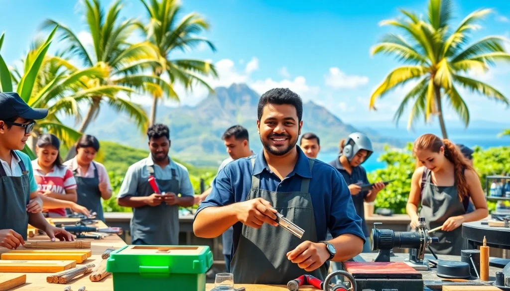 Students at hawaii trade schools actively pursuing hands-on vocational training in a scenic environment.