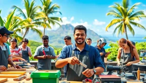 Students at hawaii trade schools actively pursuing hands-on vocational training in a scenic environment.