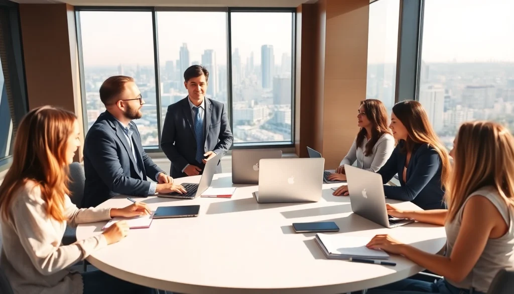 Business coach Los Angeles facilitating an engaging discussion with entrepreneurs in a modern office setting.