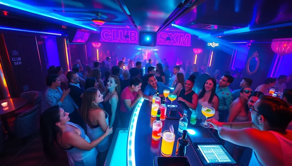 Dynamic nightlife at Club sxm with vibrant lighting and lively guests enjoying cocktails.