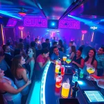 Dynamic nightlife at Club sxm with vibrant lighting and lively guests enjoying cocktails.