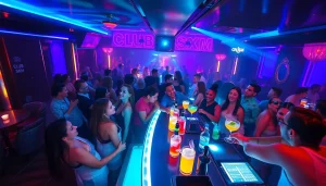 Dynamic nightlife at Club sxm with vibrant lighting and lively guests enjoying cocktails.