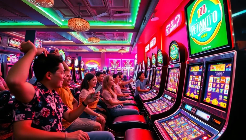 Menampilkan petanitoto dalam suasana kasino yang penuh warna dan pemain yang ceria.