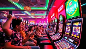 Menampilkan petanitoto dalam suasana kasino yang penuh warna dan pemain yang ceria.