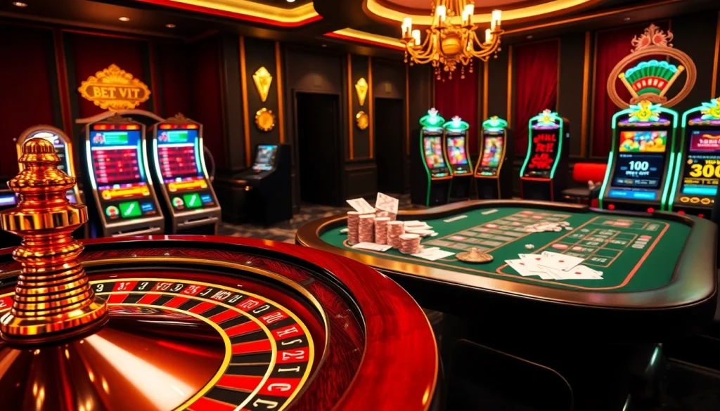 Trải nghiệm cảm giác hồi hộp cùng Bet VIP với hình ảnh casino sống động, nổi bật với các chip poker và bàn roulette.
