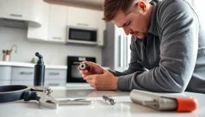 Fixing plumbing issues with expert service from https://speedyservicestoday.com.au in a modern kitchen environment.