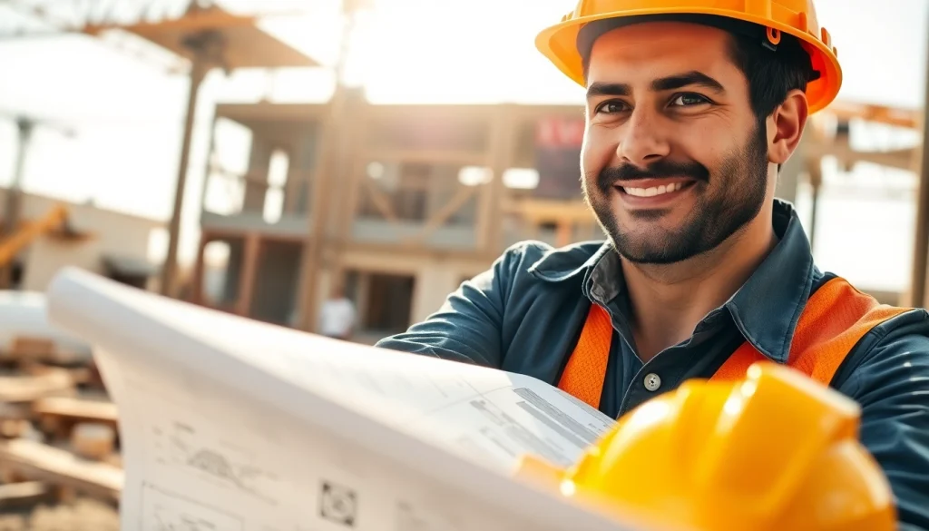 Builders collaborating on plans, representing the Texas association of builders in a vibrant construction scene.