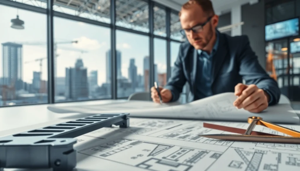 Examining blueprints for steel structure design in a modern office setting.
