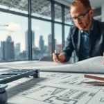Examining blueprints for steel structure design in a modern office setting.