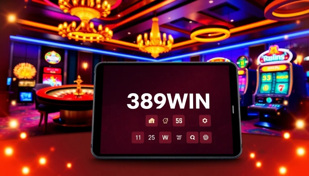 Engaging casino scene featuring the 389WIN App on a sleek device amidst vibrant gambling elements.