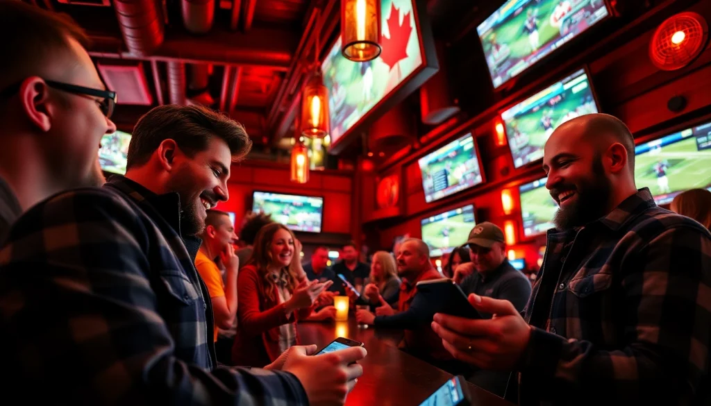 Engaged fans enjoying sports betting Canada in a lively atmosphere within a bar.