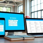 Youdao翻译 app interface shown on devices in a bright workspace, emphasizing innovation and user-friendliness.