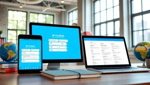 Youdao翻译 app interface shown on devices in a bright workspace, emphasizing innovation and user-friendliness.