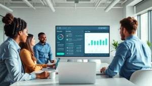 Sales agents utilizing an auto dialer in a modern office setting, enhancing productivity.