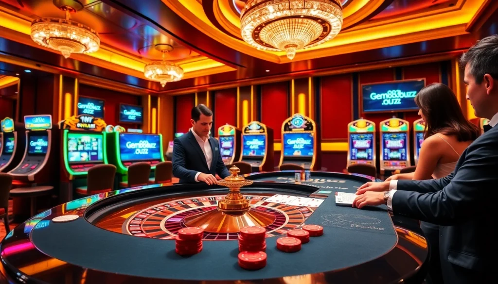 Exciting gambling scene at gem88.buzz showcasing roulette and poker, engrossed players and dealers.