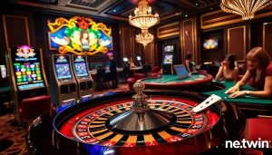 Experience netwin excitement at a lavish casino with roulette, blackjack, and vibrant slot games.