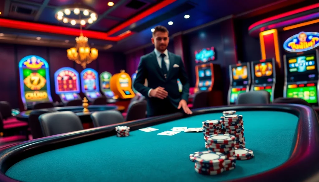 Experience thrilling gambling action at Luck8's luxurious casino ambience with vibrant poker tables and slot machines.