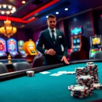 Experience thrilling gambling action at Luck8's luxurious casino ambience with vibrant poker tables and slot machines.