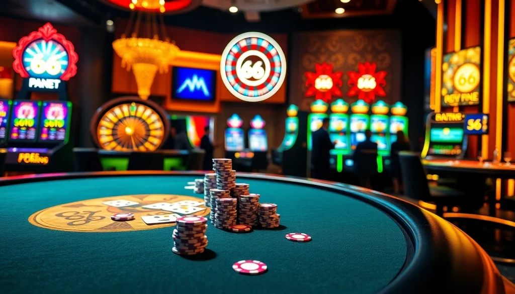 High-stakes gaming action at new66's luxurious casino with vibrant poker, roulette, and slot machines.