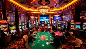 S88VIP gaming scene with excited players at a luxurious casino table and vibrant slot machines.